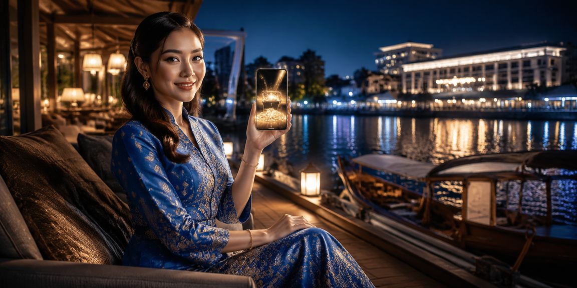 Pemain kasino mudah alih dengan pakaian tradisional baju kurung Malaysia