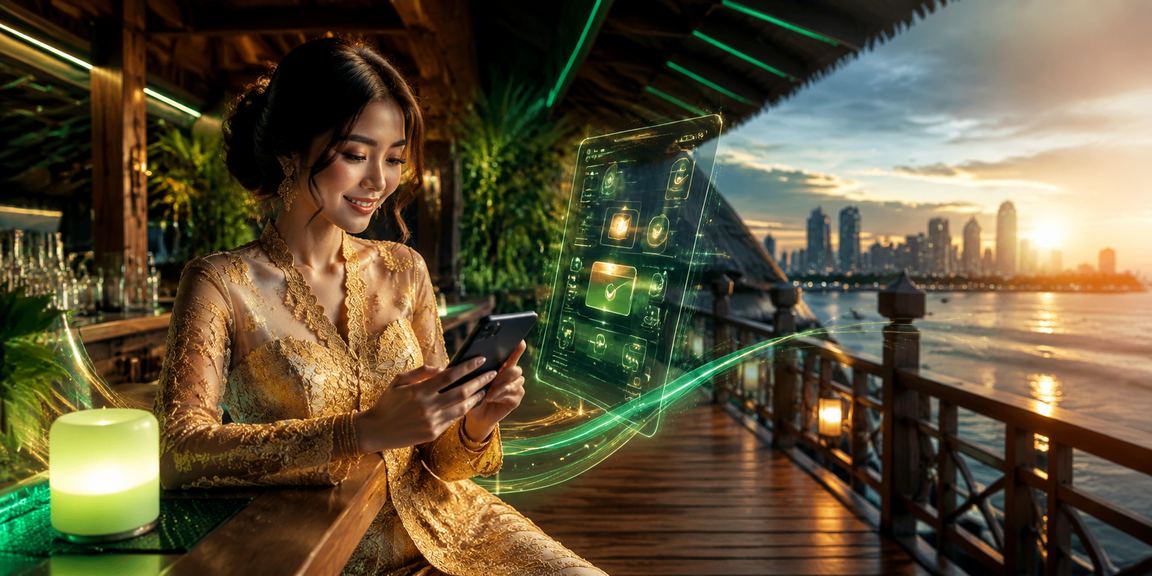 Pemain kasino mudah alih menggunakan telefon pintar di Sabah dengan pakaian kebaya